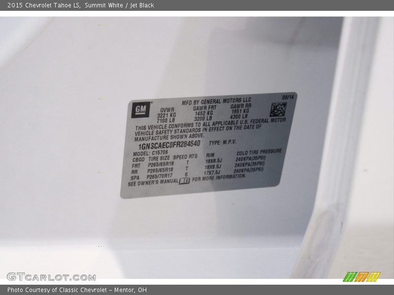 Summit White / Jet Black 2015 Chevrolet Tahoe LS