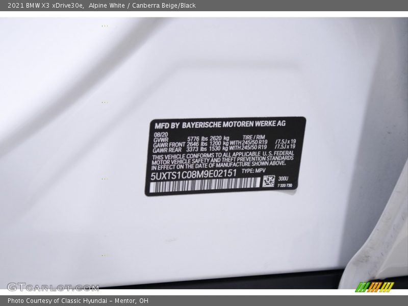 2021 X3 xDrive30e Alpine White Color Code 300