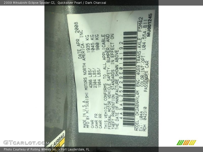 Quicksilver Pearl / Dark Charcoal 2009 Mitsubishi Eclipse Spyder GS