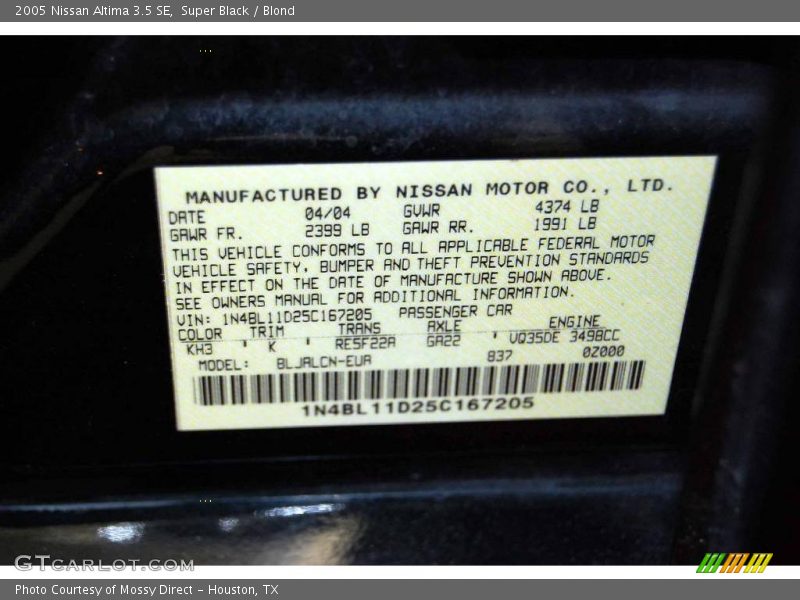 Super Black / Blond 2005 Nissan Altima 3.5 SE