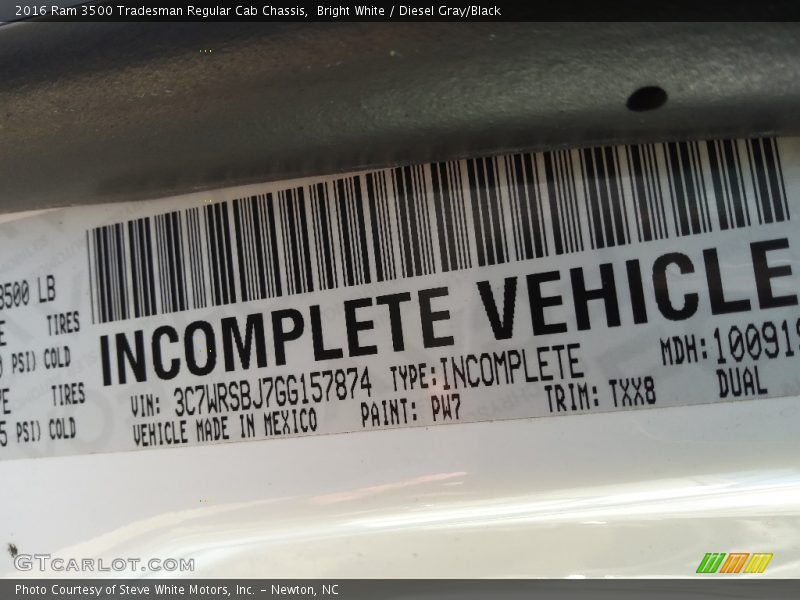 2016 3500 Tradesman Regular Cab Chassis Bright White Color Code PW7