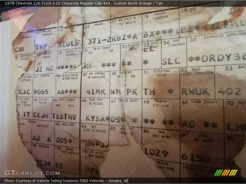 Info Tag of 1978 C/K Truck K10 Cheyenne Regular Cab 4x4