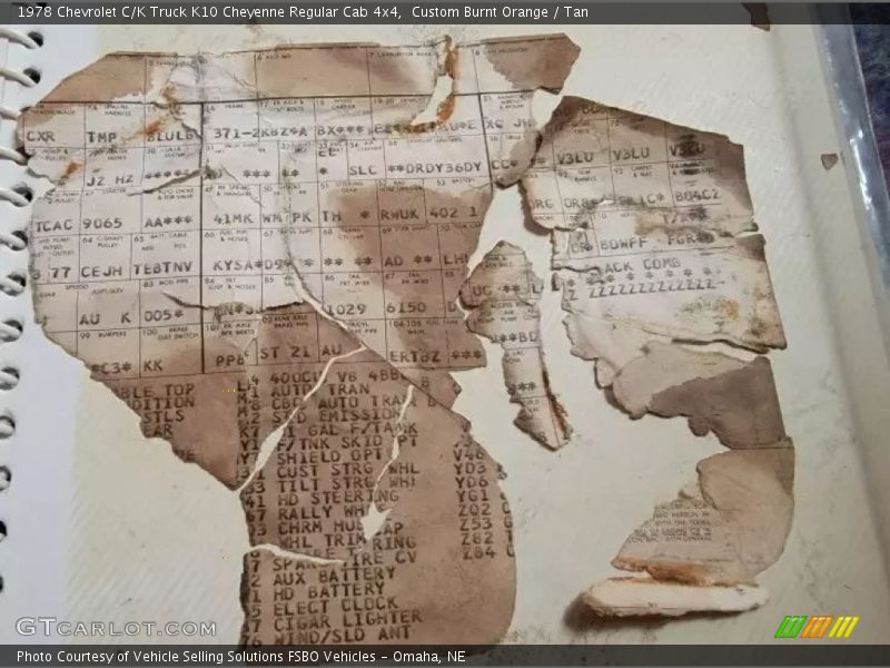 Info Tag of 1978 C/K Truck K10 Cheyenne Regular Cab 4x4