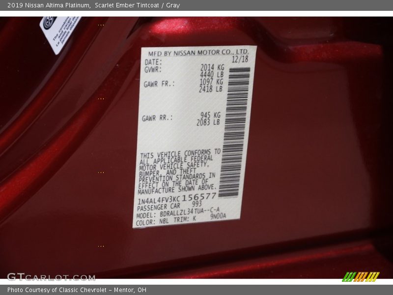 2019 Altima Platinum Scarlet Ember Tintcoat Color Code NBL