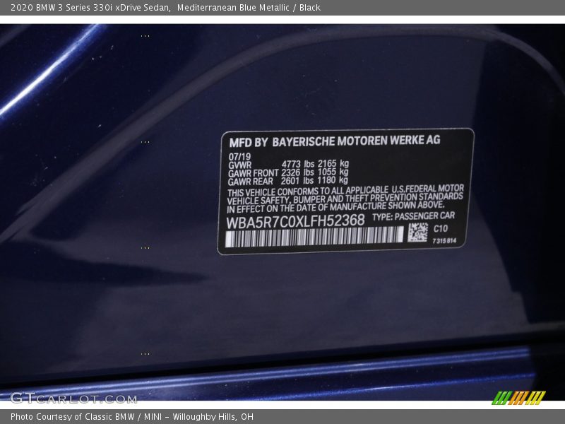 Mediterranean Blue Metallic / Black 2020 BMW 3 Series 330i xDrive Sedan