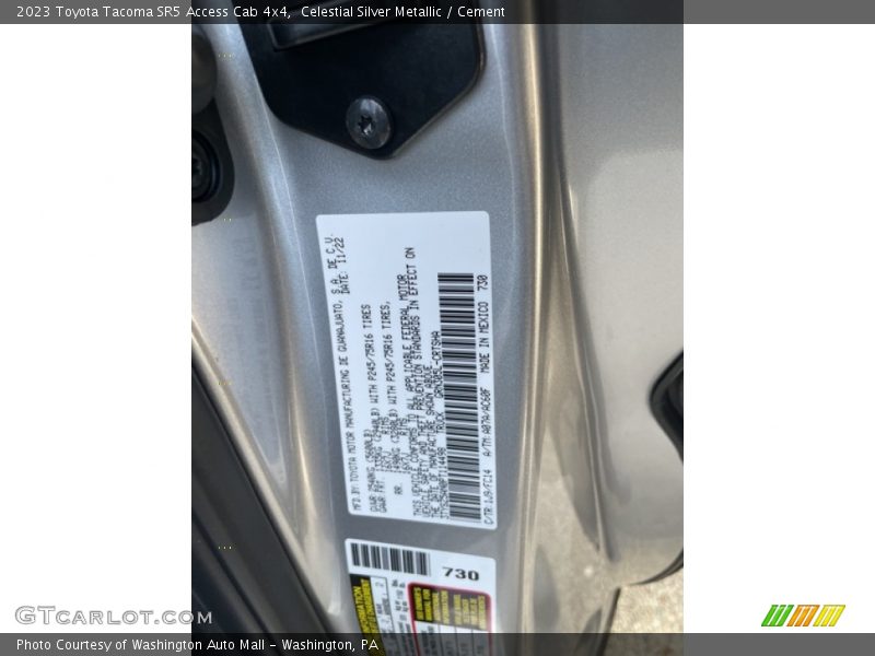 2023 Tacoma SR5 Access Cab 4x4 Celestial Silver Metallic Color Code 1J9