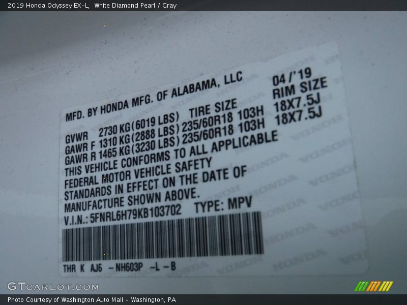 White Diamond Pearl / Gray 2019 Honda Odyssey EX-L