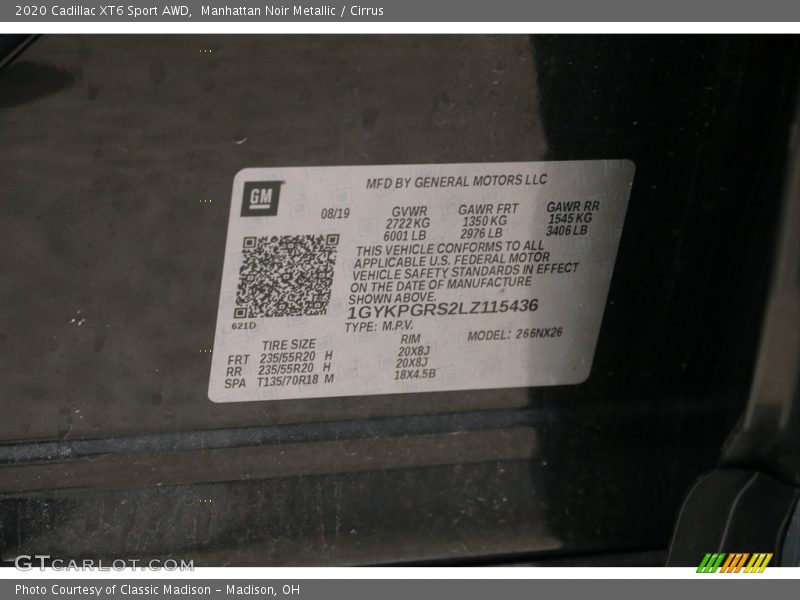 Manhattan Noir Metallic / Cirrus 2020 Cadillac XT6 Sport AWD
