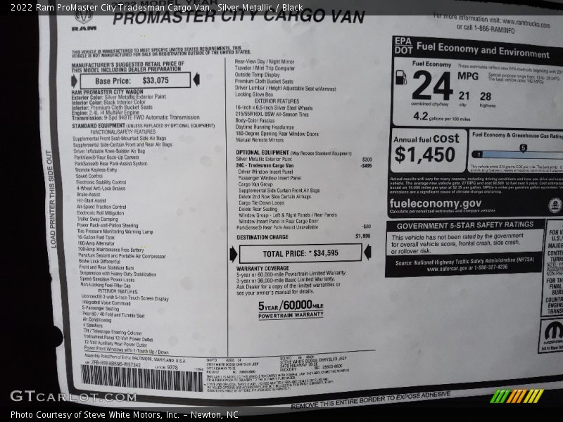  2022 ProMaster City Tradesman Cargo Van Window Sticker