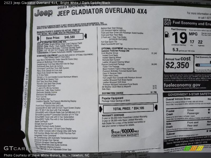 Bright White / Dark Saddle/Black 2023 Jeep Gladiator Overland 4x4