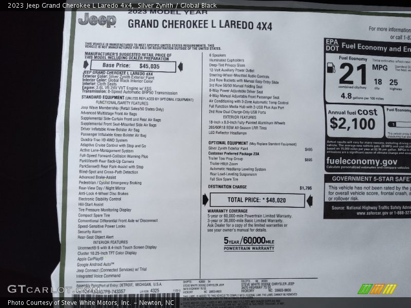 Silver Zynith / Global Black 2023 Jeep Grand Cherokee L Laredo 4x4
