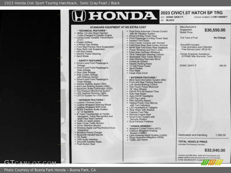  2023 Civic Sport Touring Hatchback Window Sticker