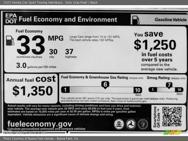 Info Tag of 2023 Civic Sport Touring Hatchback