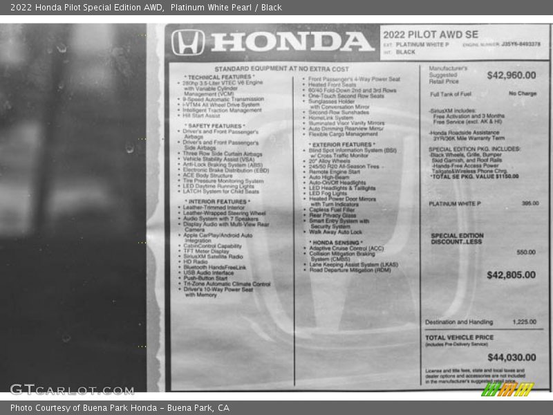  2022 Pilot Special Edition AWD Window Sticker