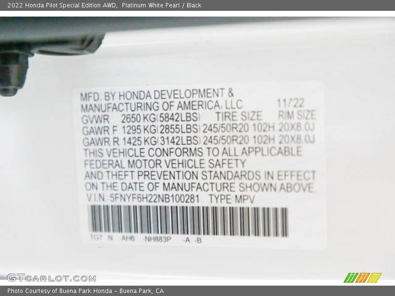 Platinum White Pearl / Black 2022 Honda Pilot Special Edition AWD