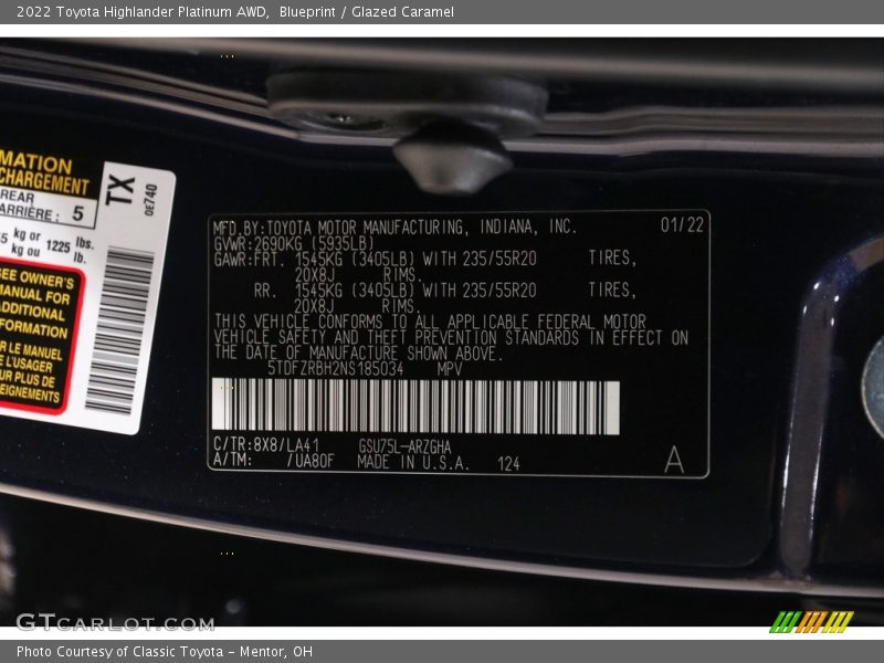 2022 Highlander Platinum AWD Blueprint Color Code 8X8