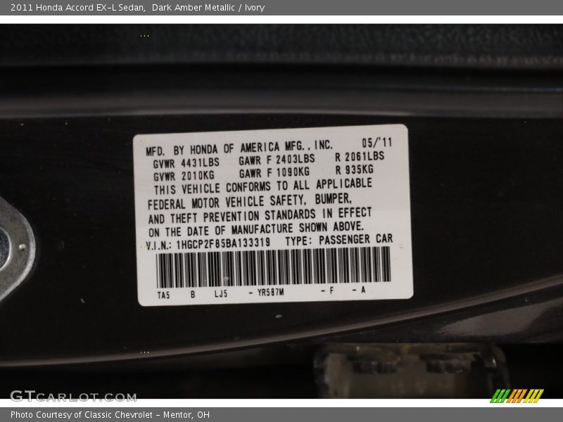 Dark Amber Metallic / Ivory 2011 Honda Accord EX-L Sedan