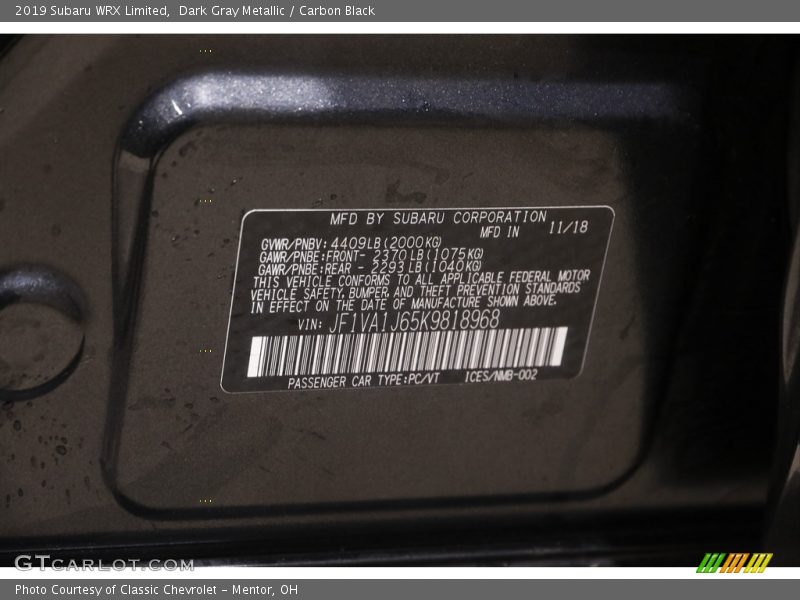 Dark Gray Metallic / Carbon Black 2019 Subaru WRX Limited