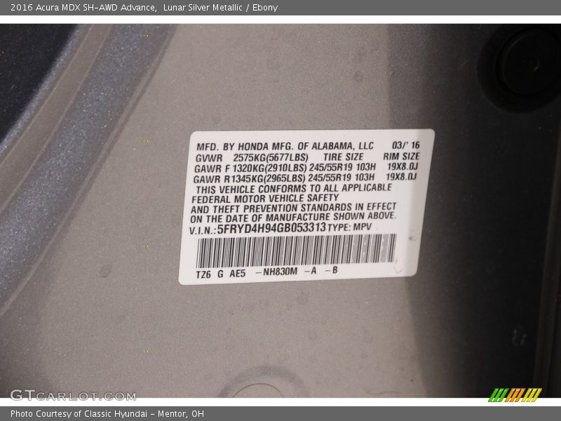 2016 MDX SH-AWD Advance Lunar Silver Metallic Color Code NH830M