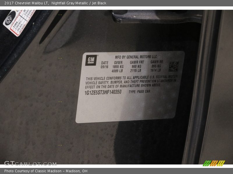 Nightfall Gray Metallic / Jet Black 2017 Chevrolet Malibu LT