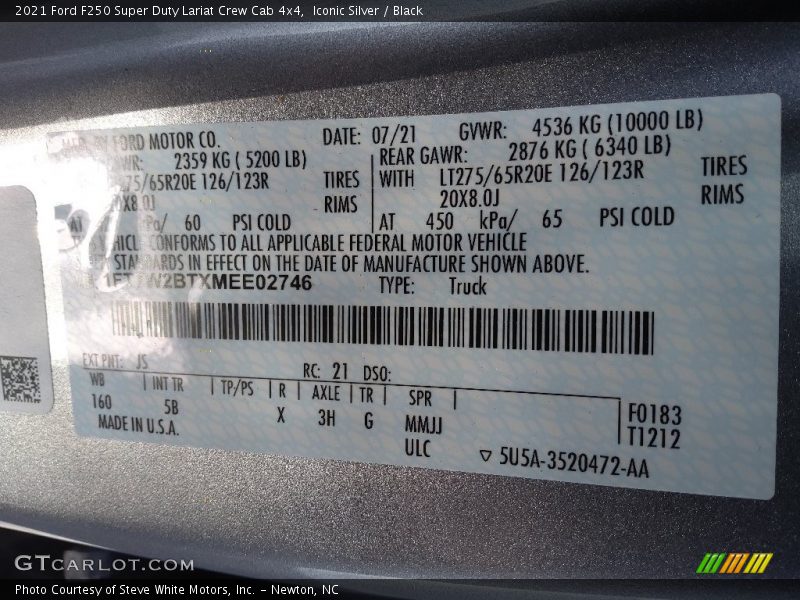 2021 F250 Super Duty Lariat Crew Cab 4x4 Iconic Silver Color Code JS