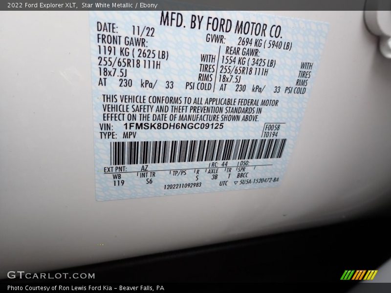 2022 Explorer XLT Star White Metallic Color Code AZ