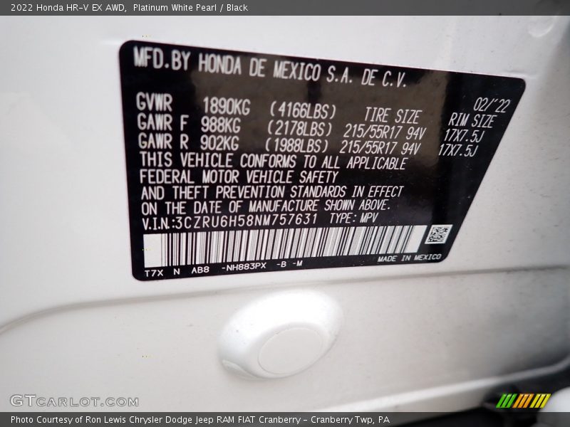 2022 HR-V EX AWD Platinum White Pearl Color Code NH883PX
