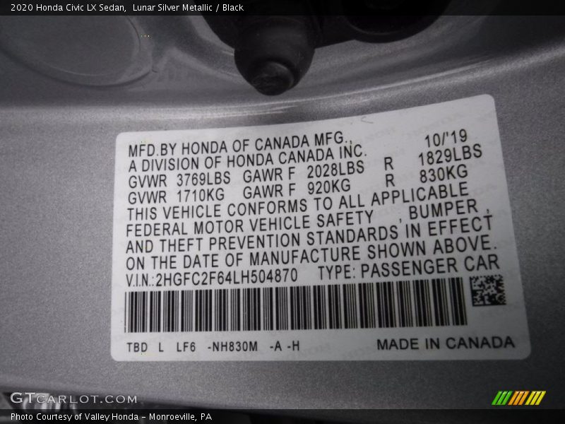Lunar Silver Metallic / Black 2020 Honda Civic LX Sedan