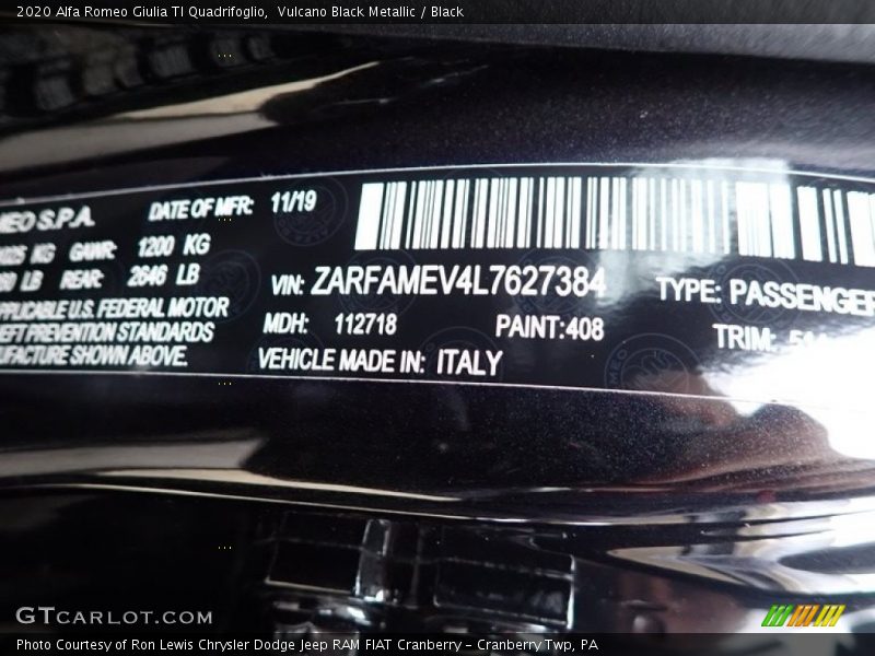 2020 Giulia TI Quadrifoglio Vulcano Black Metallic Color Code 408