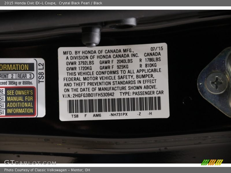 2015 Civic EX-L Coupe Crystal Black Pearl Color Code NH731PX