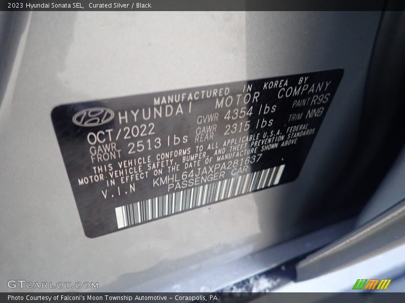 2023 Sonata SEL Curated Silver Color Code R9S
