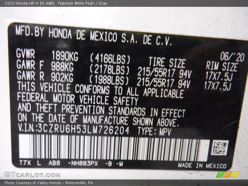 Platinum White Pearl / Gray 2020 Honda HR-V EX AWD