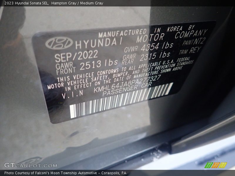 2023 Sonata SEL Hampton Gray Color Code NT2
