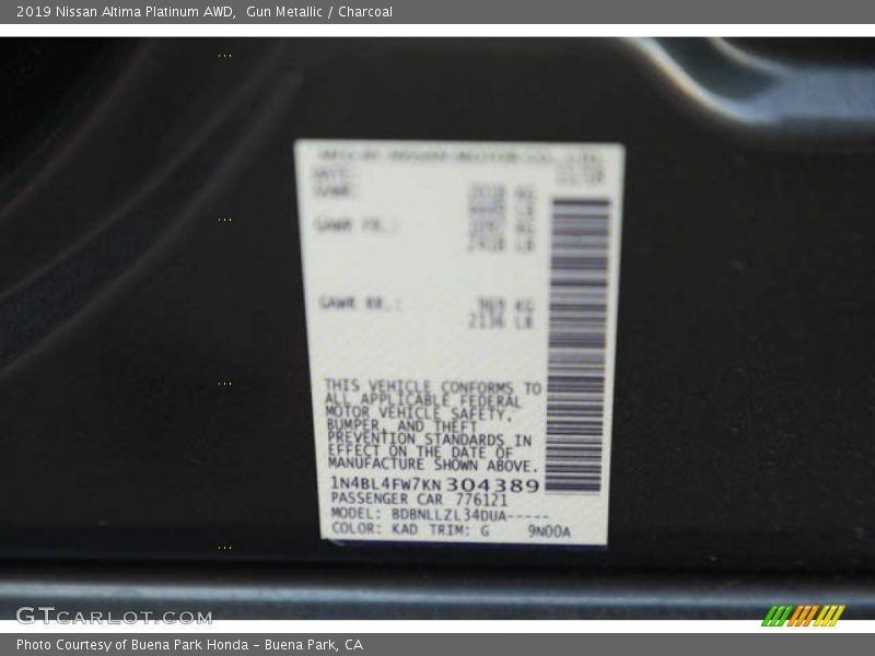 2019 Altima Platinum AWD Gun Metallic Color Code KAD