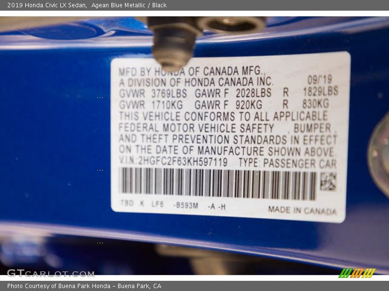 Agean Blue Metallic / Black 2019 Honda Civic LX Sedan