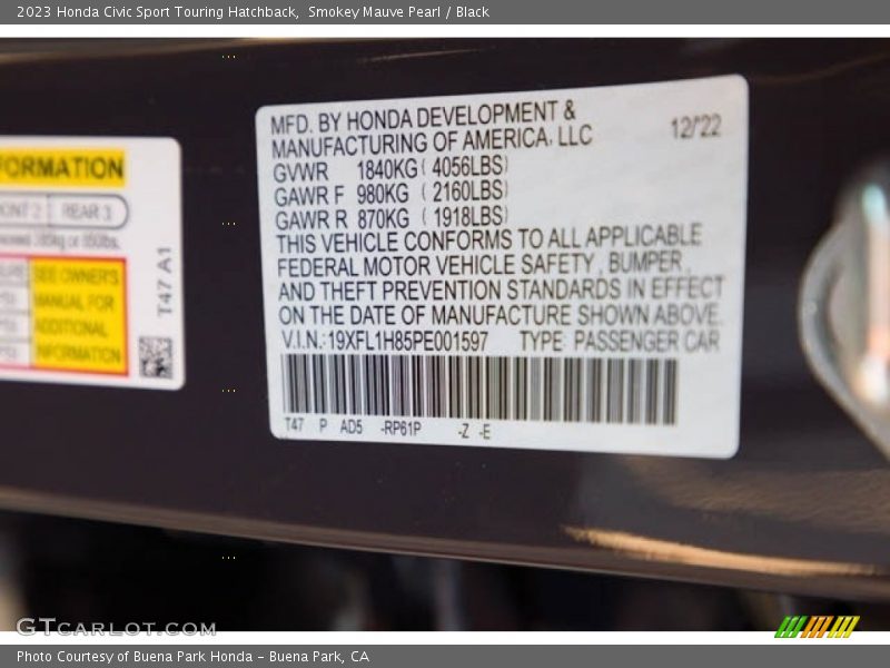 2023 Civic Sport Touring Hatchback Smokey Mauve Pearl Color Code RP61P