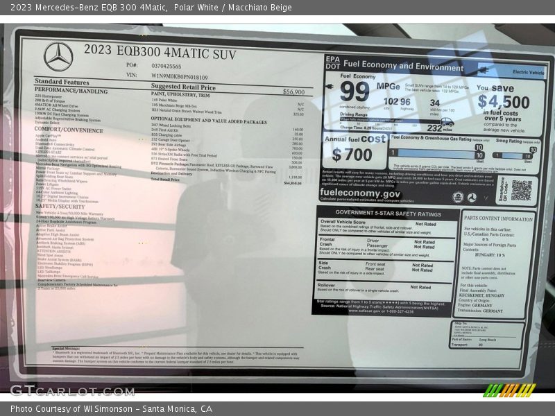  2023 EQB 300 4Matic Window Sticker