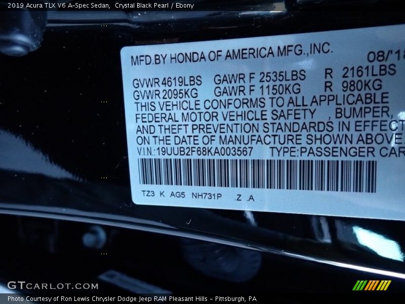 Crystal Black Pearl / Ebony 2019 Acura TLX V6 A-Spec Sedan