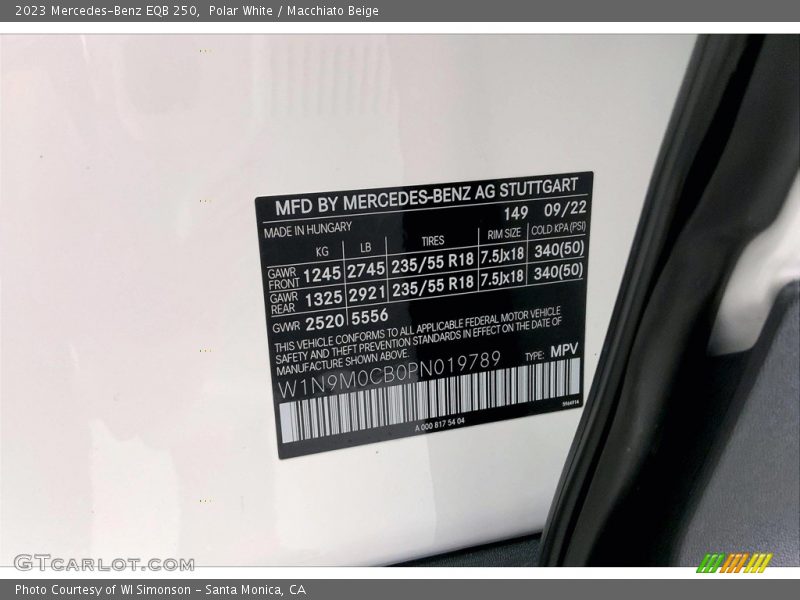 2023 EQB 250 Polar White Color Code 149