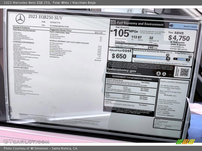  2023 EQB 250 Window Sticker