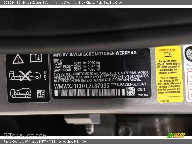 2020 Clubman Cooper S All4 Melting Silver Metallic Color Code C2K