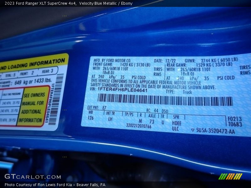 2023 Ranger XLT SuperCrew 4x4 Velocity Blue Metallic Color Code E7