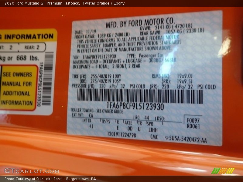 2020 Mustang GT Premium Fastback Twister Orange Color Code CA