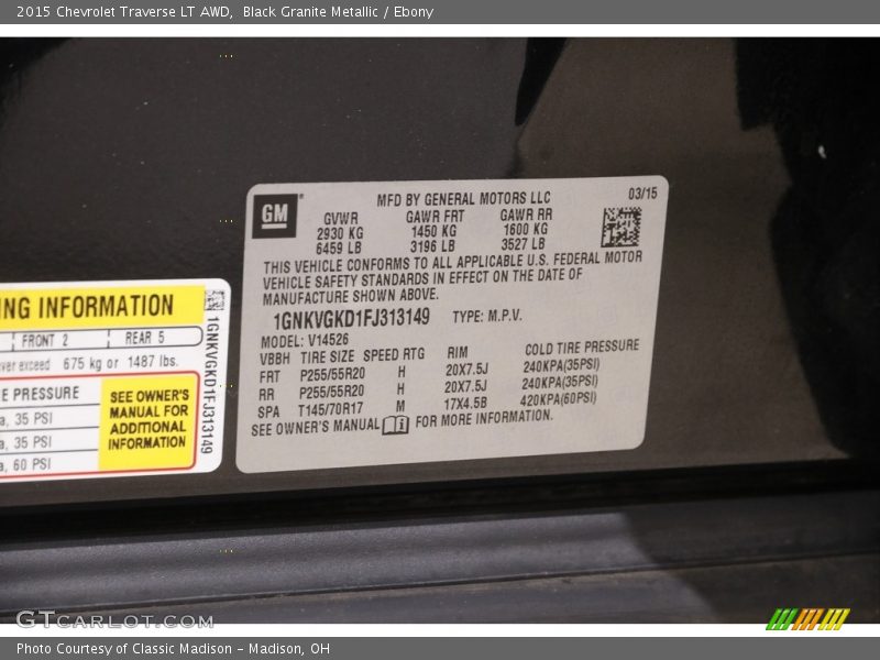 Black Granite Metallic / Ebony 2015 Chevrolet Traverse LT AWD
