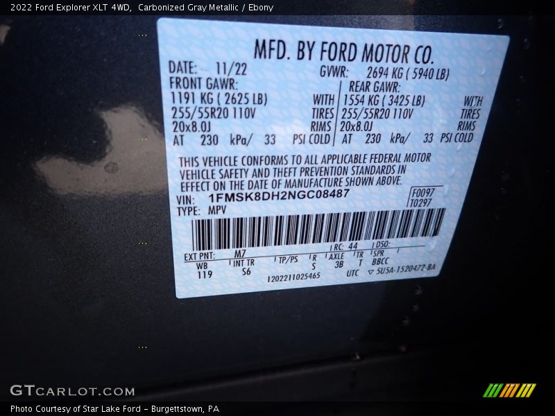 Carbonized Gray Metallic / Ebony 2022 Ford Explorer XLT 4WD
