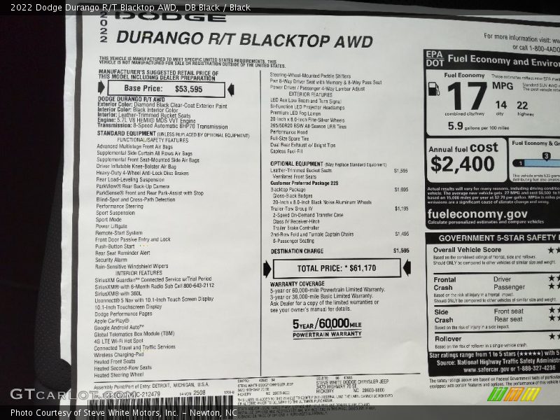  2022 Durango R/T Blacktop AWD Window Sticker