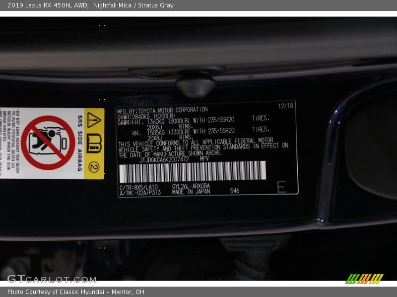 2019 RX 450hL AWD Nightfall Mica Color Code 8X5