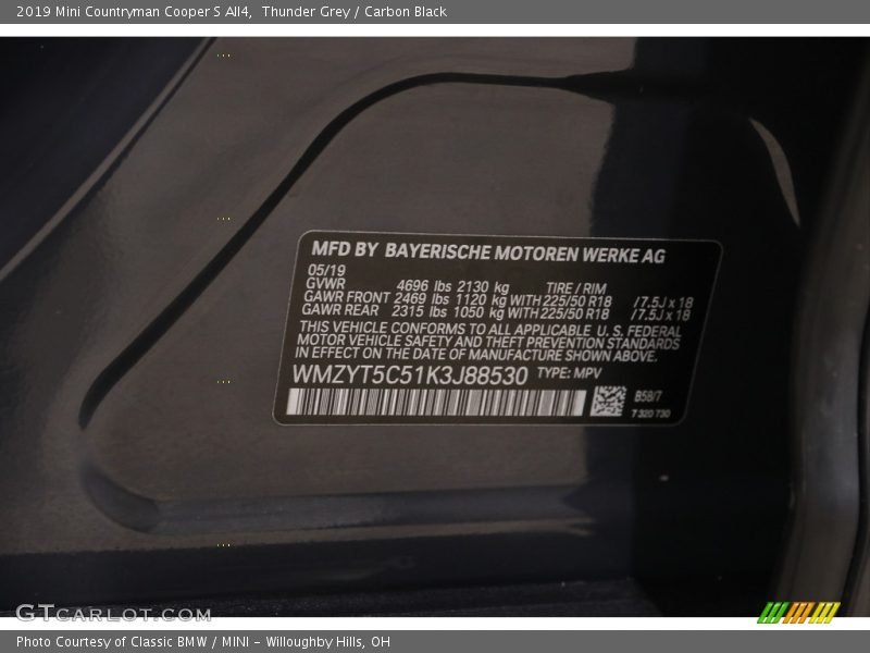 2019 Countryman Cooper S All4 Thunder Grey Color Code B58