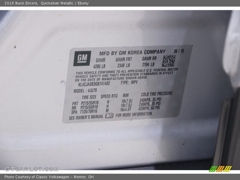 Quicksilver Metallic / Ebony 2016 Buick Encore