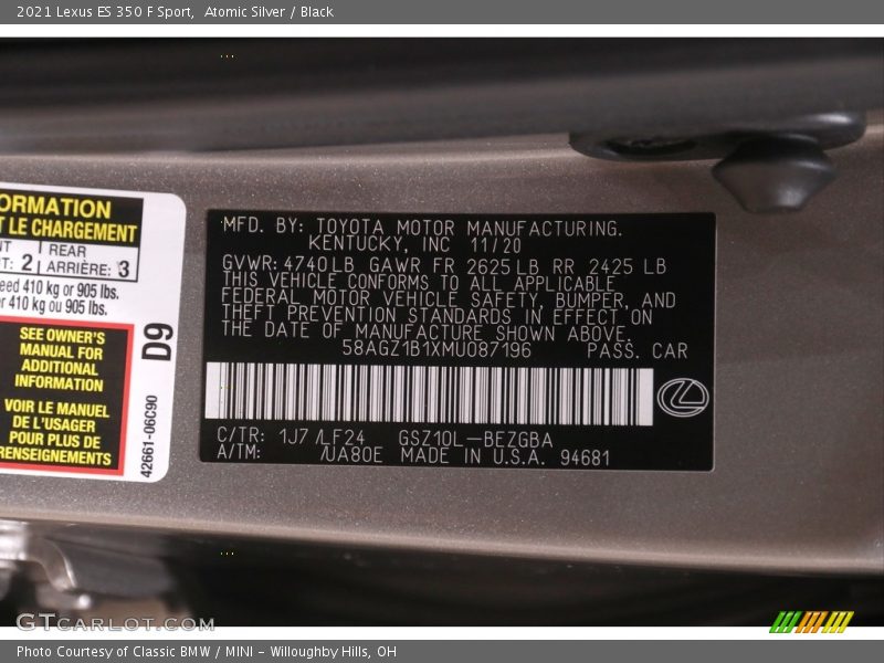2021 ES 350 F Sport Atomic Silver Color Code 1J7